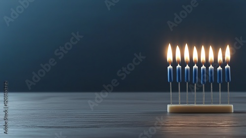 Elegant menorah with seven lit candles against a dark background, symbolizing tradition and cultural celebration in a serene setting. photo