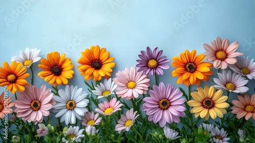 Colorful daisies arranged on blue background for spring design