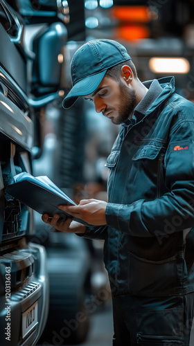 mechanic reviewing a vehicle maintenance checklist in front of truck