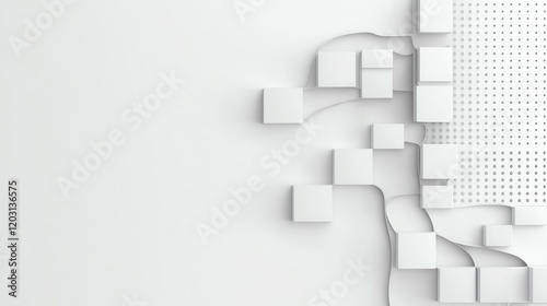 Abstract 3D white geometric pattern with squares and dots on clear background, perfect for modern design concepts.