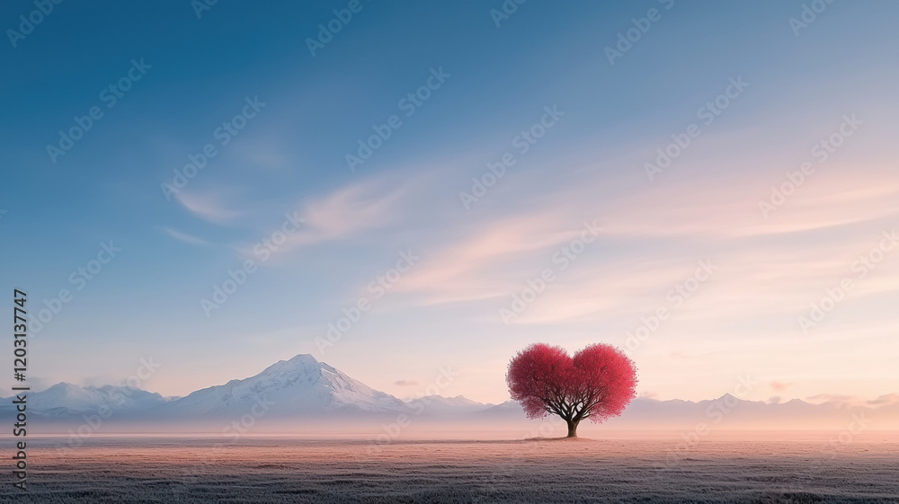 Obraz premium heart shaped tree stands in serene field, glowing under romantic sky with mountains in background