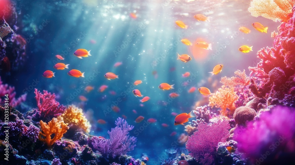 Fototapeta premium Vibrant Coral Reef Ecosystem: A breathtaking underwater scene teeming with colorful fish and diverse coral formations, illuminated by sunlight.