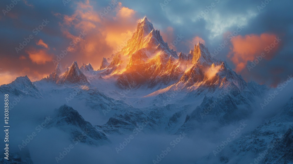 Obraz premium Majestic snow capped mountain peak at sunrise