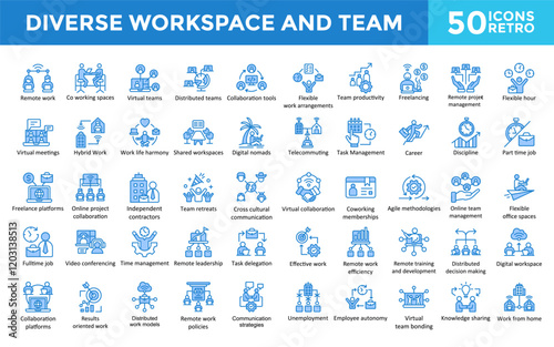 Diverse workspace and team icon set with distributed teams, collaboration tools, flexible work arrangements, team productivity, freelancing, remote project management icon. Simple retro vector 

