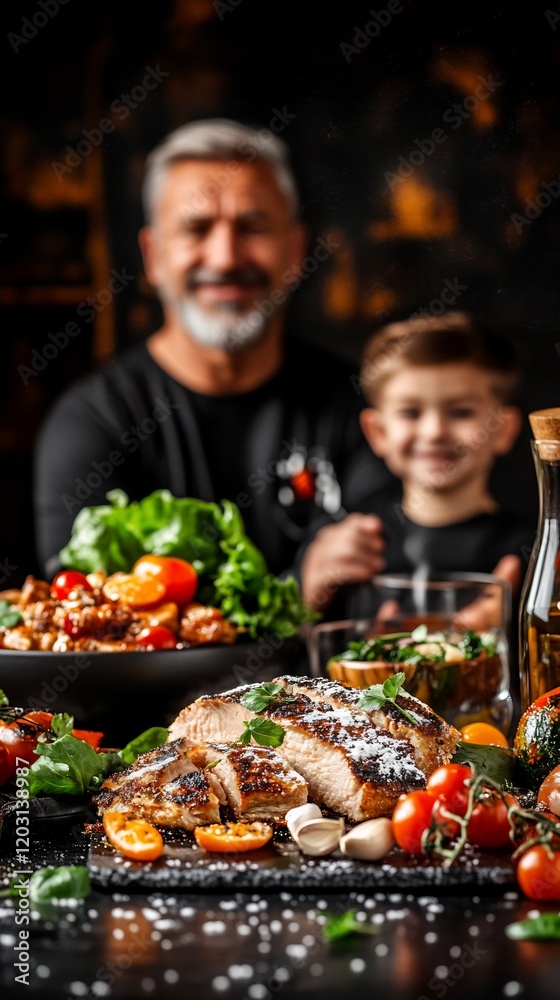 Obraz premium Warm lighting illuminates delicious roasted meat family dinner. AI Generated