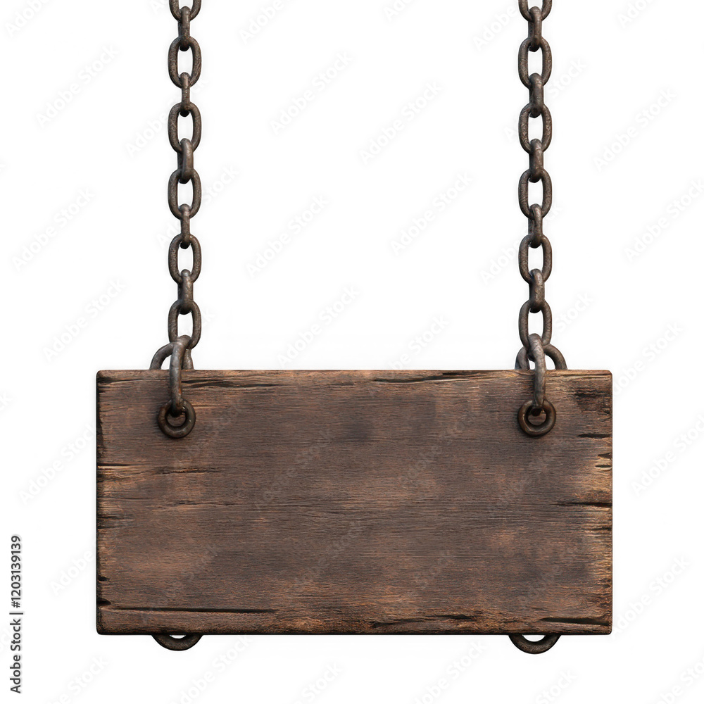 Wood sign hanging from chains on a transparent background PNG.
Wood sign hanging from chains on a transparent background PNG.