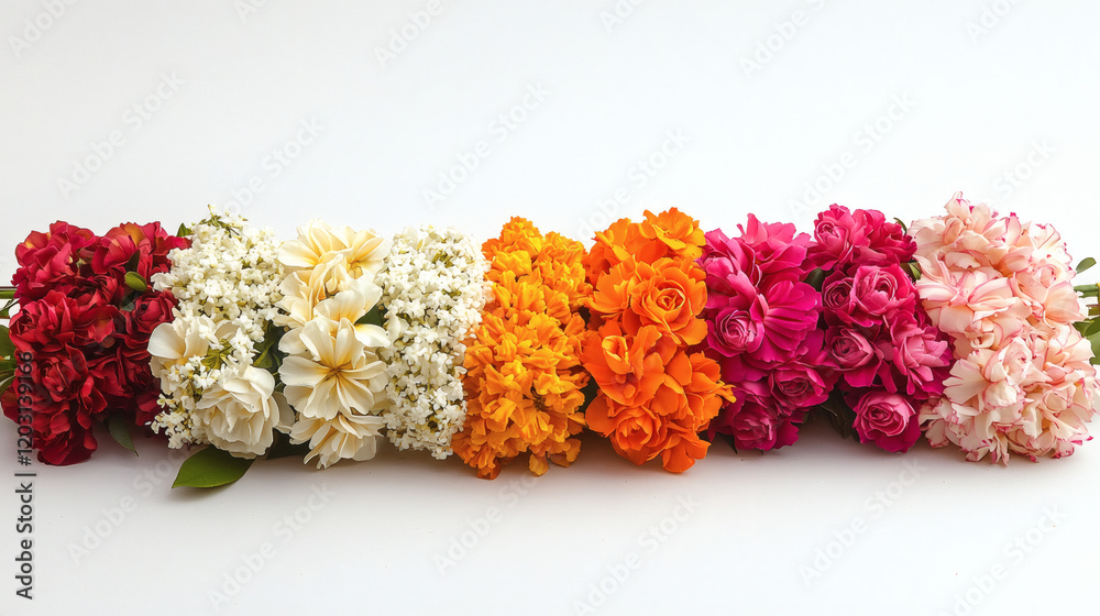 A set of Thai floral garlands made from jasmine, marigolds, and roses, neatly coiled and displayed on a clean white background A set of Thai floral garlands made from jasmine, marigolds, and roses, neatly coiled and displayed on a clean white background