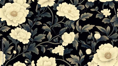 Wallpaper Mural Elegant Floral Seamless Pattern: A captivating floral pattern in a dark backdrop, showcasing delicate white peonies and lush green foliage. Torontodigital.ca