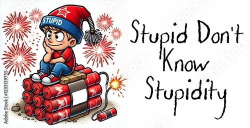 Weird funny quotes with Stupid cartoon person sitting on firecrackers  and text 