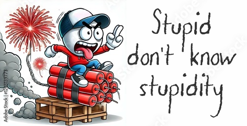 Weird funny quotes with Stupid cartoon person sitting on firecrackers  and text 
