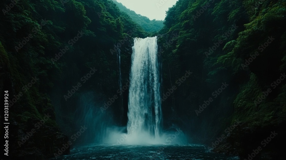 Naklejka premium Majestic Waterfall Cascading Down Lush Green Cliffs