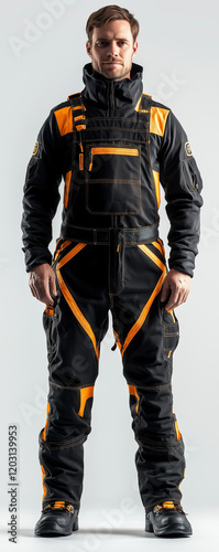 High-quality European-style construction overalls, black with orange accents, featuring premium quality and design, front view, against a white background, full-body shot, captured photo