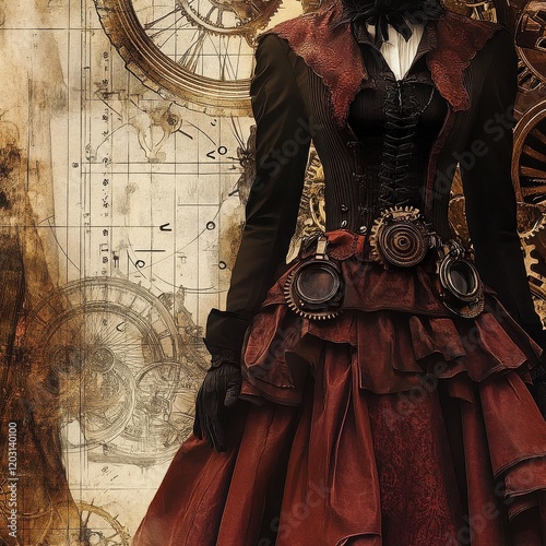 Steampunk Victorian Lady: A mysterious and elegant woman in a richly detailed steampunk-inspired Victorian gown stands against a backdrop of intricate clockwork gears and blueprints.