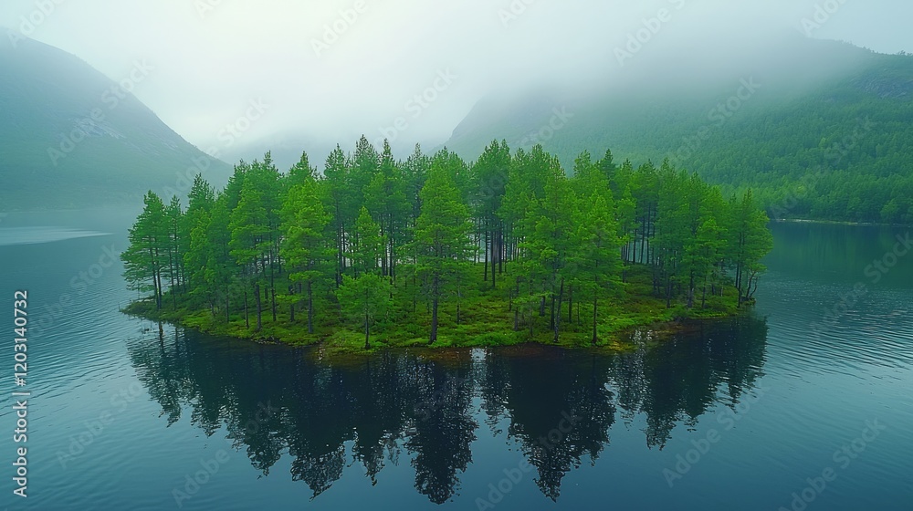 Misty lake island, evergreen trees, mountain reflection, serene landscape, nature photography Misty lake island, evergreen trees, mountain reflection, serene landscape, nature photography