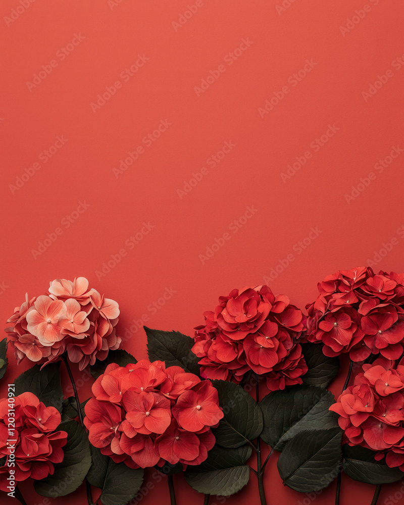 Red hydrangea flowers with green leaves arranged on vibrant red background, creating bold and elegant floral border Red hydrangea flowers with green leaves arranged on vibrant red background, creating bold and elegant floral border