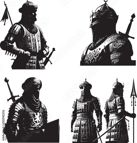 Muslim soldier armour black and white silhouette assets in vector farm 