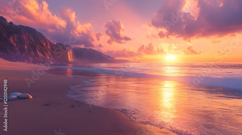 A serene coastal landscape at golden hour, with soft waves gently lapping against a sandy beach