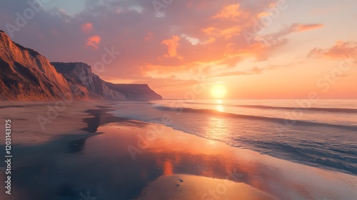 A serene coastal landscape at golden hour, with soft waves gently lapping against a sandy beach