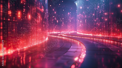 Journey Through Digital Realm: A Winding Path Illuminated by Binary Code in a Futuristic Cityscape