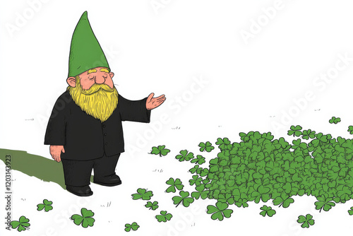 cheerful gnome in green hat stands beside pile of clovers, celebrating nature