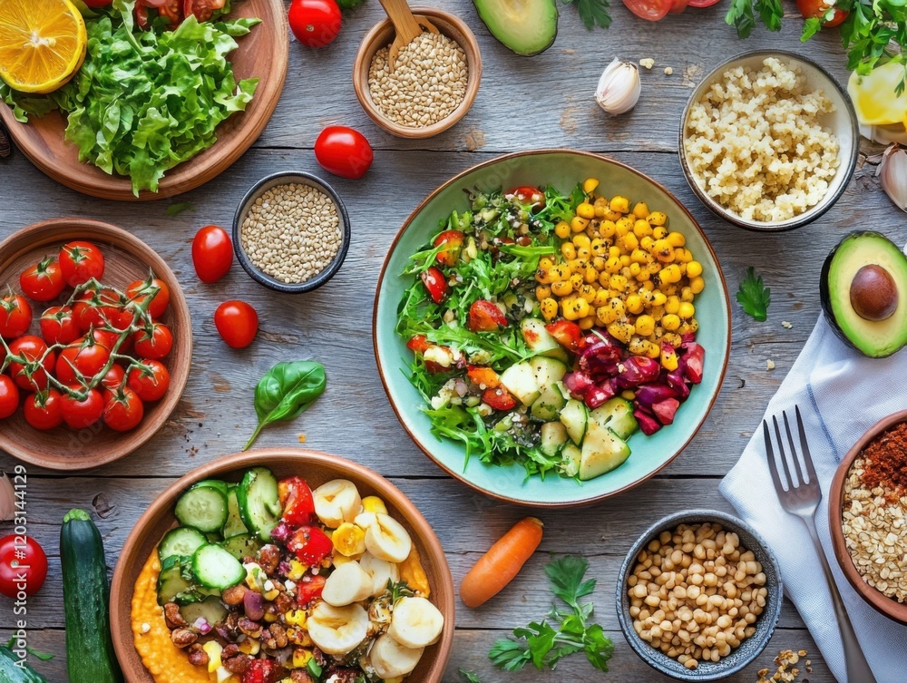 A delicious and colorful vegetarian meal on a rustic wooden table, featuring fresh vegetables and grains, showcasing the benefits of plant-based eating A delicious and colorful vegetarian meal on a rustic wooden table, featuring fresh vegetables and grains, showcasing the benefits of plant-based eating