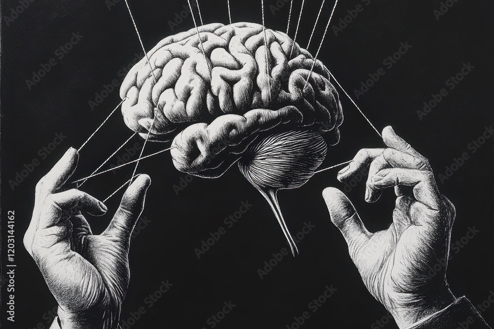 Brain manipulated by puppet strings concept