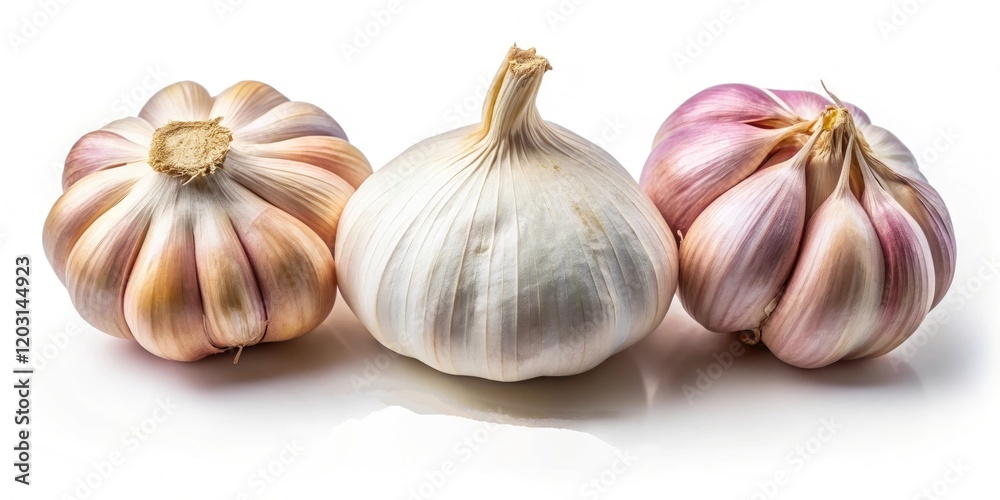 CloseUp Aerial View of Three Isolated Garlic Cloves on a White Background Culinary Detail CloseUp Aerial View of Three Isolated Garlic Cloves on a White Background Culinary Detail