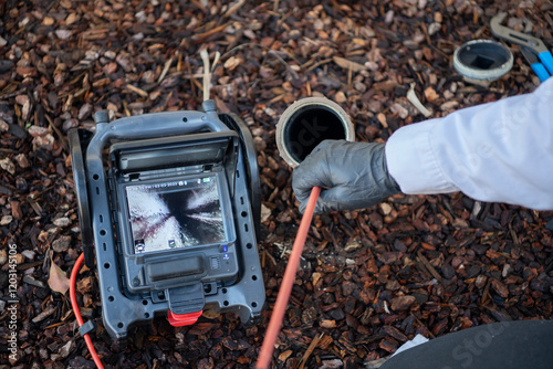 Technician runs inspection camera sewer scope down drain