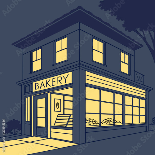 Silhouette of a bakery shopfront with a glowing interior