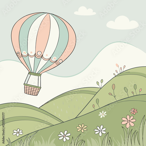 A hot air balloon in pastel shades floating over rolling hills