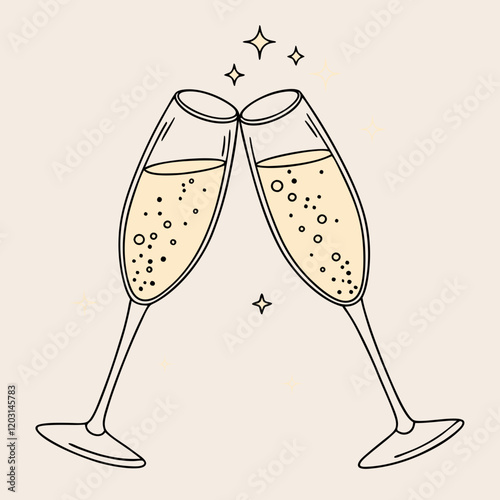 A pair of champagne glasses clinking with golden bubbles