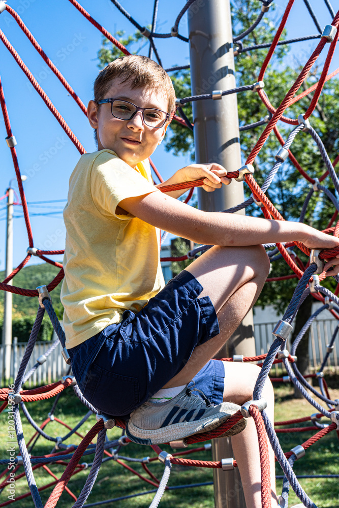 Teenager boy playing on the rope playground Teenager boy playing on the rope playground