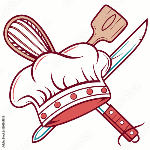 A stylized chef's hat with kitchen utensils crossed behind it