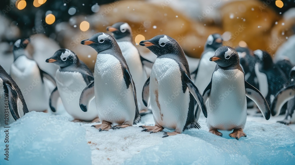 Fototapeta premium A Group of Penguins on Ice: Gentoo penguins gather on a snowy, icy landscape, possibly in an enclosure or zoo setting, with soft, warm lighting in the background.