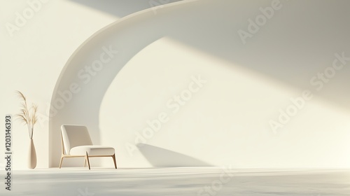 Minimalist interior with elegant chair and vase in bright light, highlighting simplicity and modern design aesthetics.