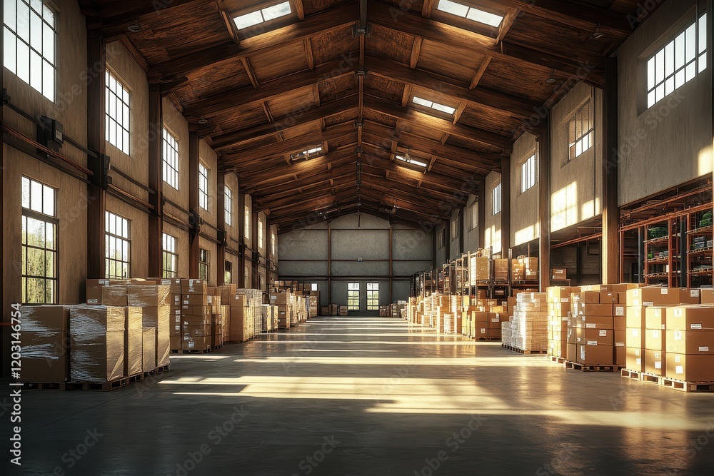 Warehouse filled with boxes and pallets showcasing efficient industrial storage. Warehouse filled with boxes and pallets showcasing efficient industrial storage.