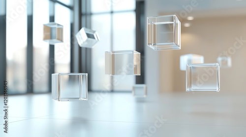 Floating transparent cubes in a modern building interior create a sense of futuristic design and technology innovation.