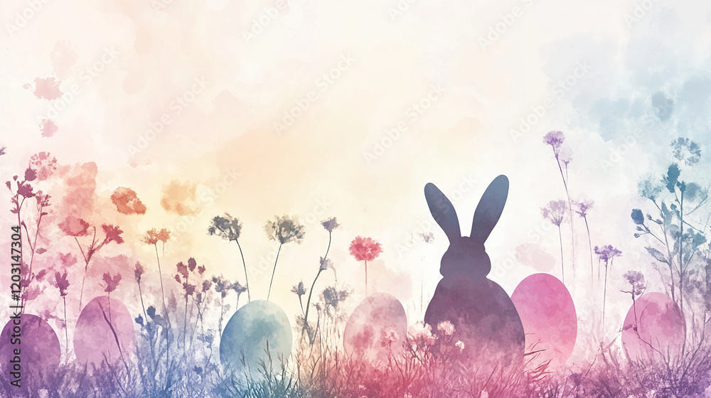 The image depicts a colorful Easter scene with silhouettes of a rabbit and Easter eggs nestled among vibrant flowers, set against a gradient background that transitions from yellow to blue