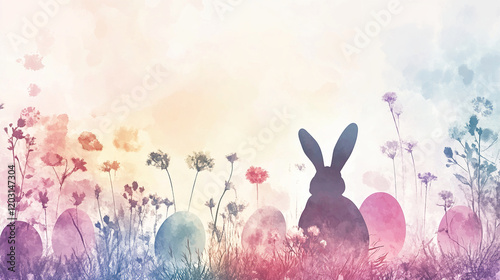 Obraz na płótnie The image depicts a colorful Easter scene with silhouettes of a rabbit and Easter eggs nestled among vibrant flowers, set against a gradient background that transitions from yellow to blue w salonie