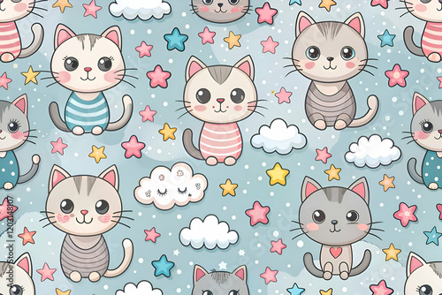 Adorable Cartoon Cats Seamless Pattern. Cute Kittens. Pastel Colors. Stars. and Clouds