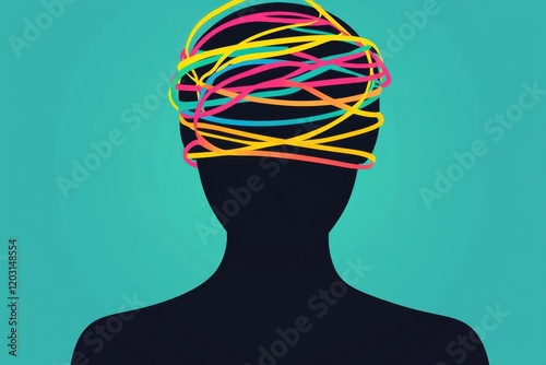 Silhouette with colorful tangled lines on head	 photo