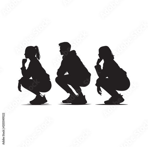 Casual people squatting silhouette vector illustration