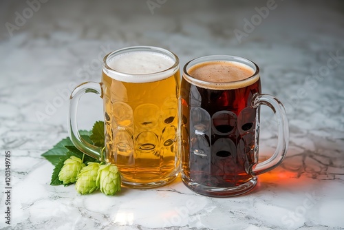 A photo of a light and dark craft beer in glass mugs photo