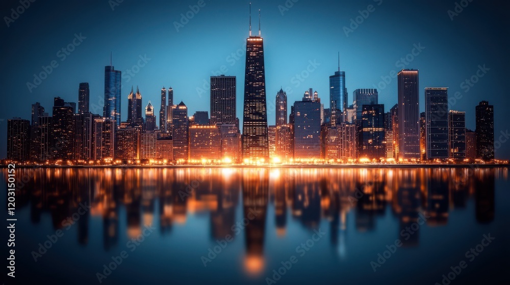 Fototapeta premium Nighttime cityscape panoramic chicago skyline landmark view