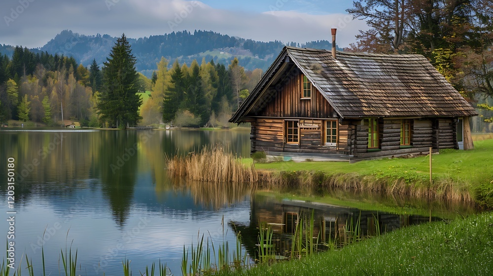A rustic cabin by a tranquil lake, symbolizing solitude and peace in life. A rustic cabin by a tranquil lake, symbolizing solitude and peace in life.