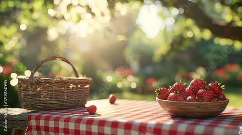 Fresh Strawberries on a Picnic Table in a Sunny Garden Setting