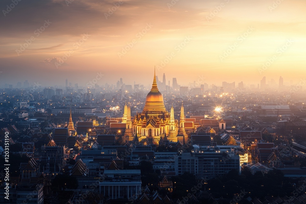 Fototapeta premium Panoramic cityscape of bangkok grand palace landmark evening glow