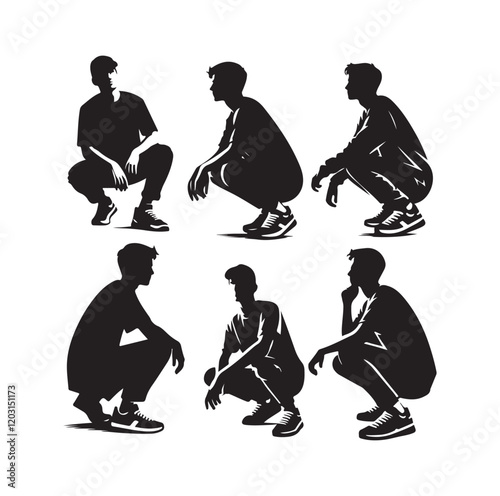 Casual people squatting silhouette vector illustration