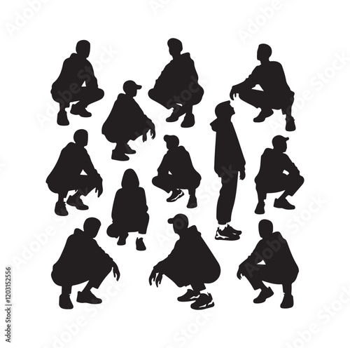 Casual people squatting silhouette vector illustration