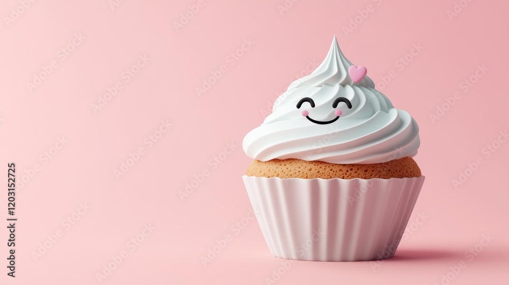 Cute cupcake with smiling face and pink heart on pink background. Cute cupcake with smiling face and pink heart on pink background.